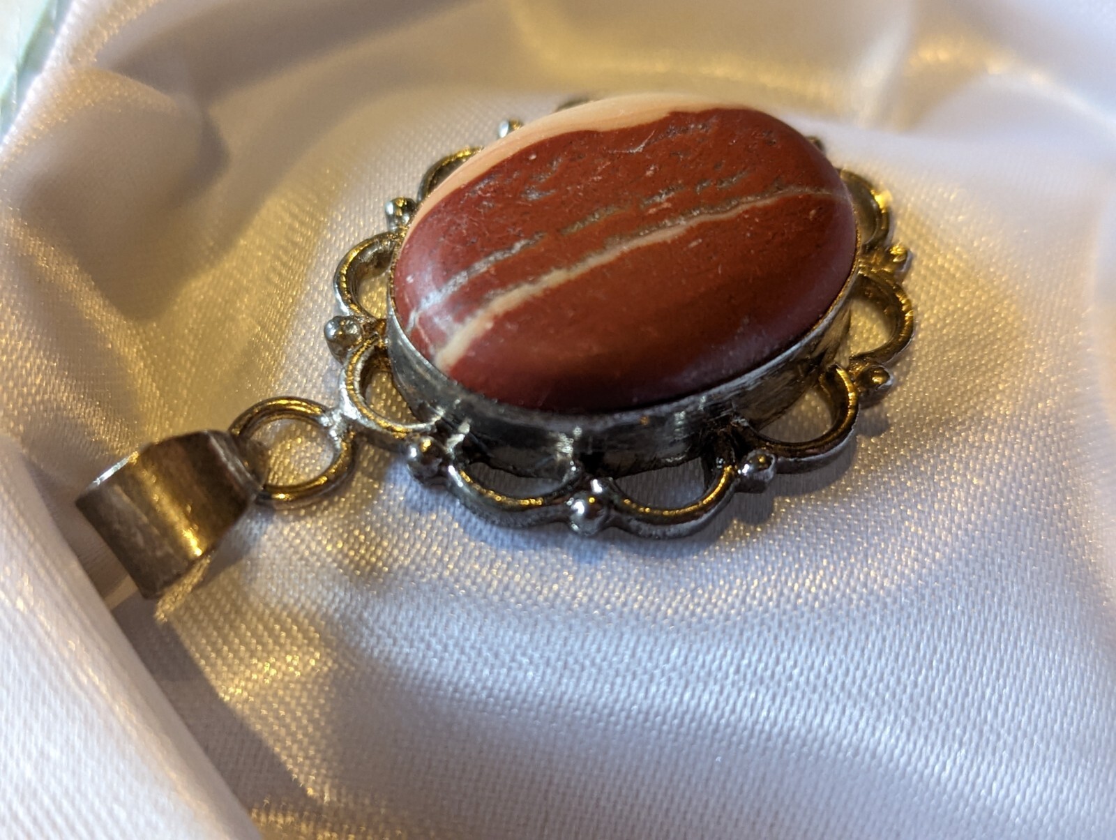 Vintage Sandstone Gemstone Pendant on German Silver 13g 45 x 27mm Ornate Design