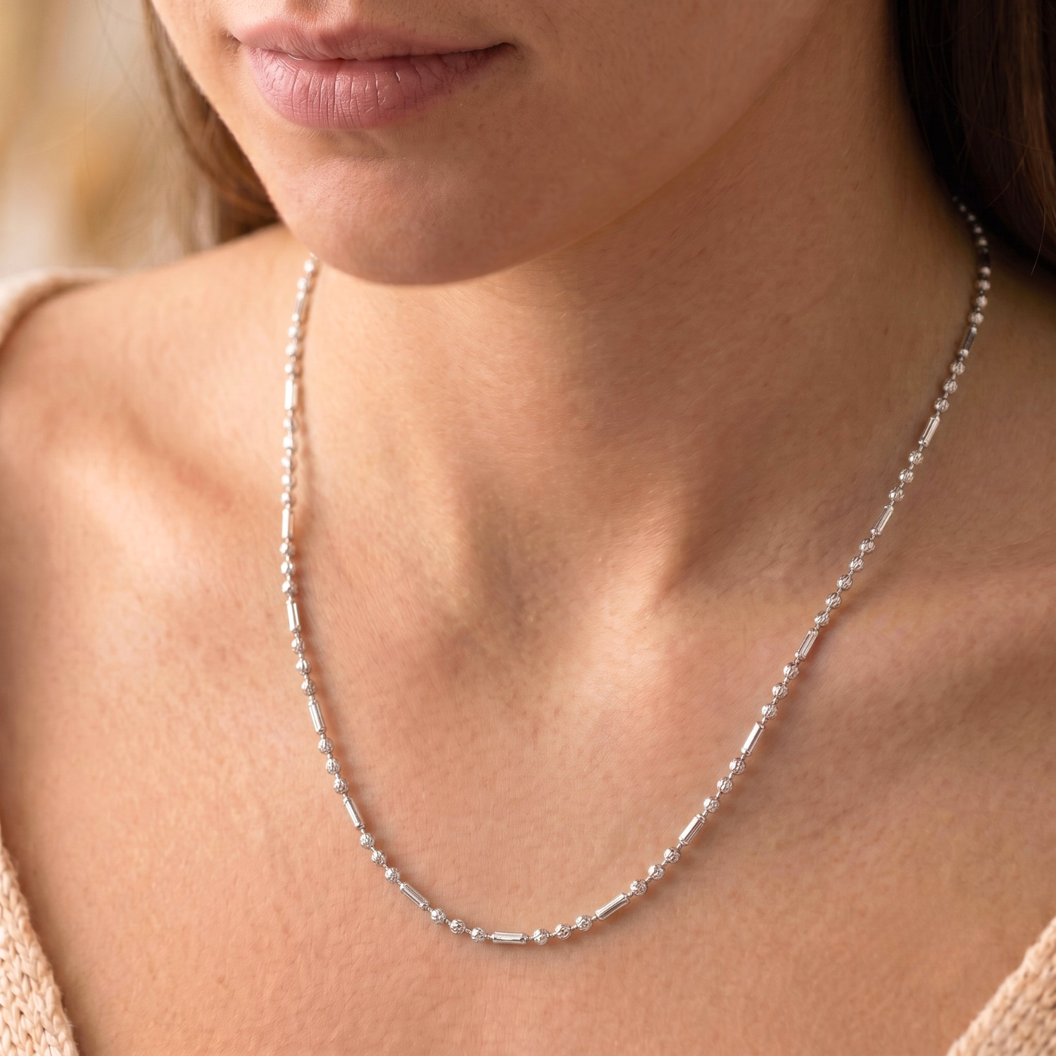 Solid 925 Sterling Silver 2.5mm Diamond-Cut Beaded Chain Italian Necklace 16″-22