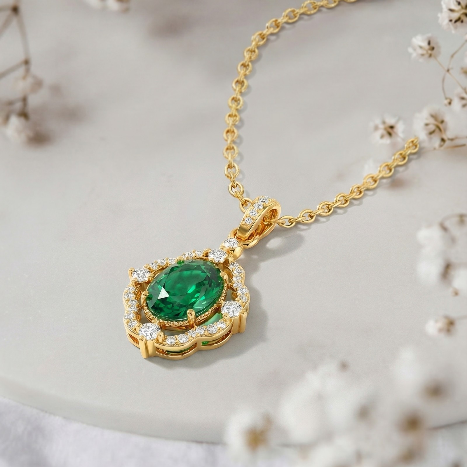 Oval Emerald Pendant Necklace, Green Emerald Halo Necklace, May Birthstone Gift