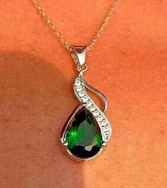 2.50Ct Pear Cut Lab Created Green Pendant 14K White Gold Plated