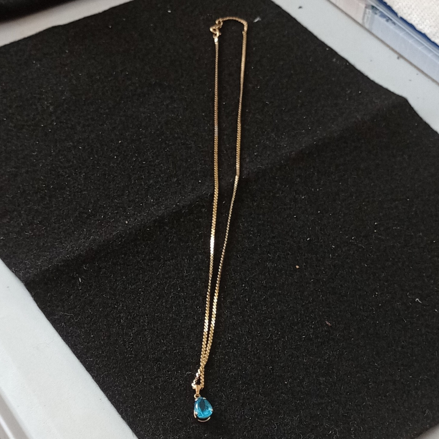 14K Yellow Gold Blue Topaz Teardrop Pendant 20″ Snake Chain Necklace