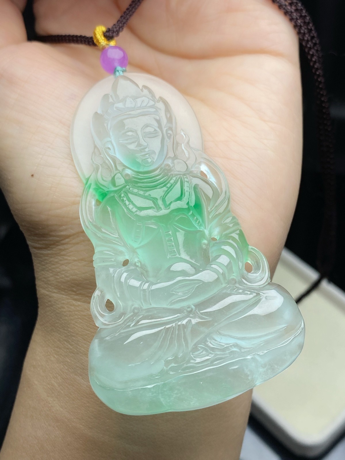 Natural Jadeite light green Carved Guanyin Lucky big Pendant jade Amulet 观音