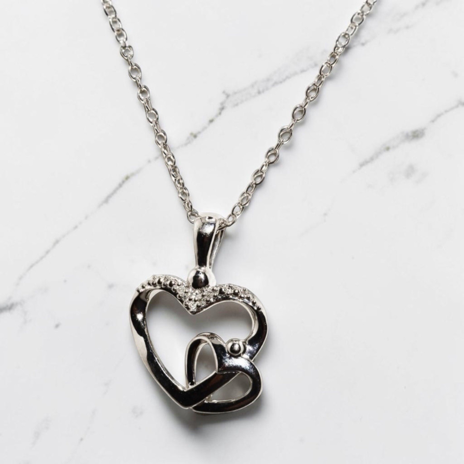 Sterling Silver Natural Diamond Interlocking Double Heart Necklace 18 inch NWT