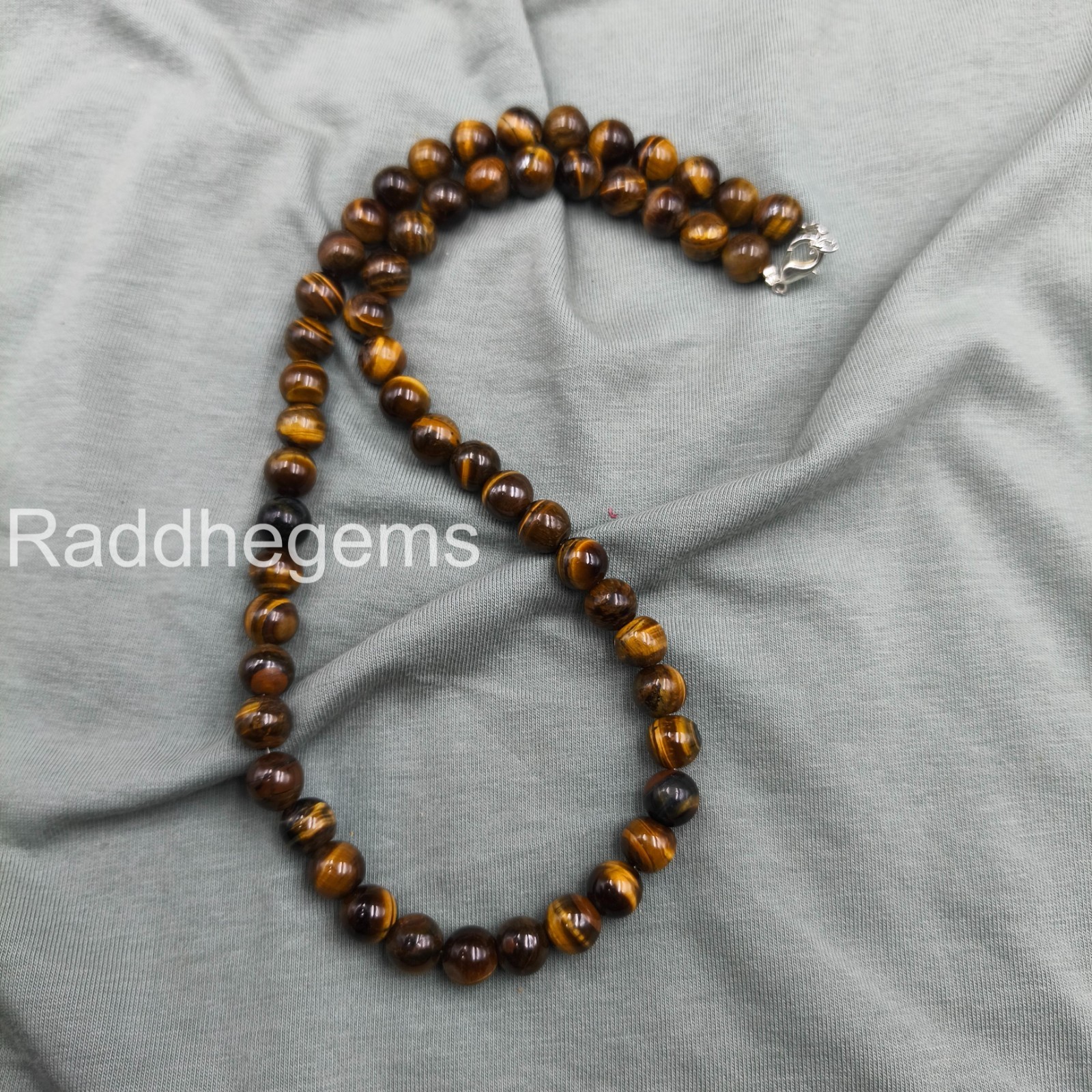 Tigers Eye Necklace 8mm Round Beaded Jewelry Sterling Silver Clasp Unisex Gemsto
