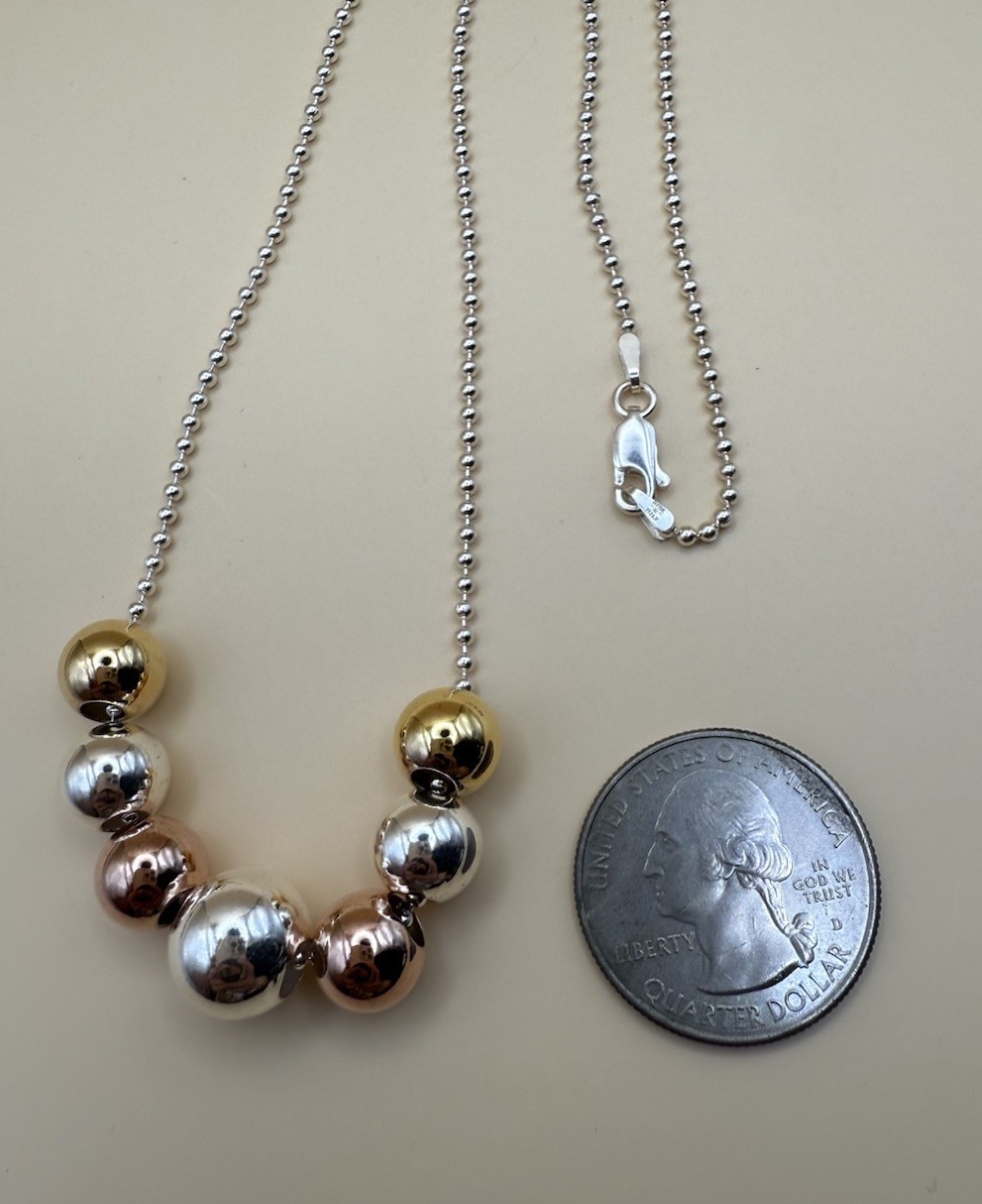 925 Sterling Silver Tri-Color Ball Bead Station Necklace 20” Italy