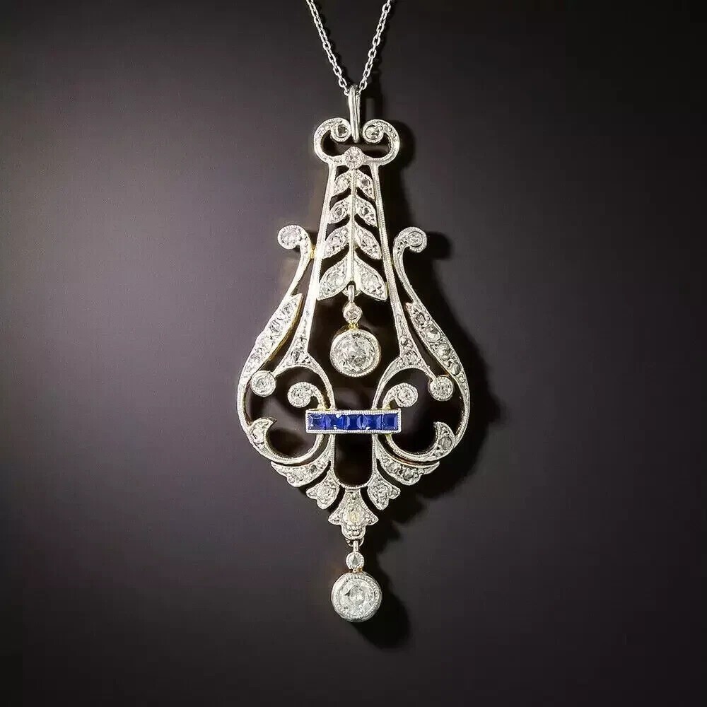 14K White Gold Over Edwardian Vintage Lab Created Round Cut Diamond Pendant 3CT