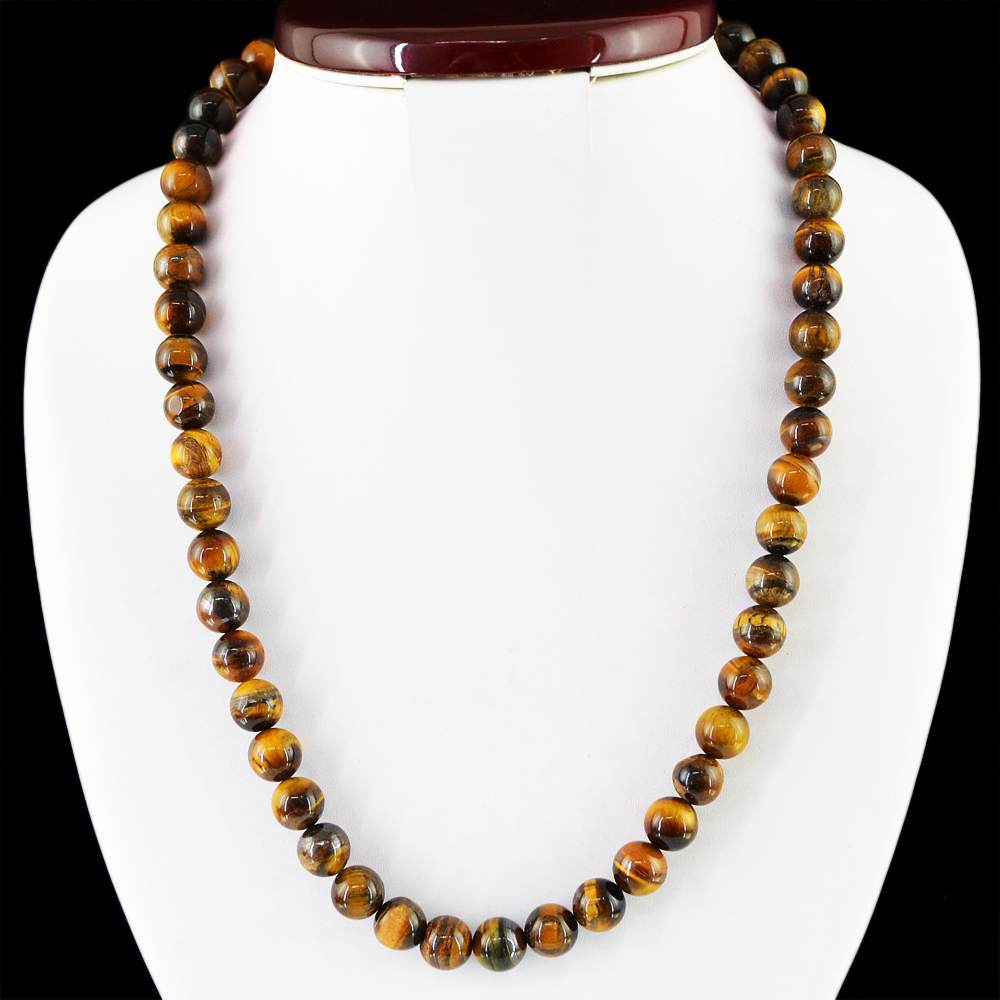 GENUINE 410.50 CTS EARTH MINED GOLDEN TIGER EYE ROUND SHAPE BEADS NECKLACE (RS)