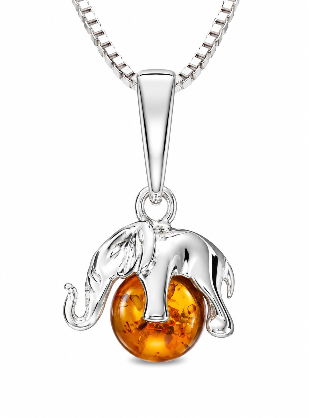 Genuine Baltic Amber Elephant Pendant Necklace Sterling Silver 18″ Box Chain