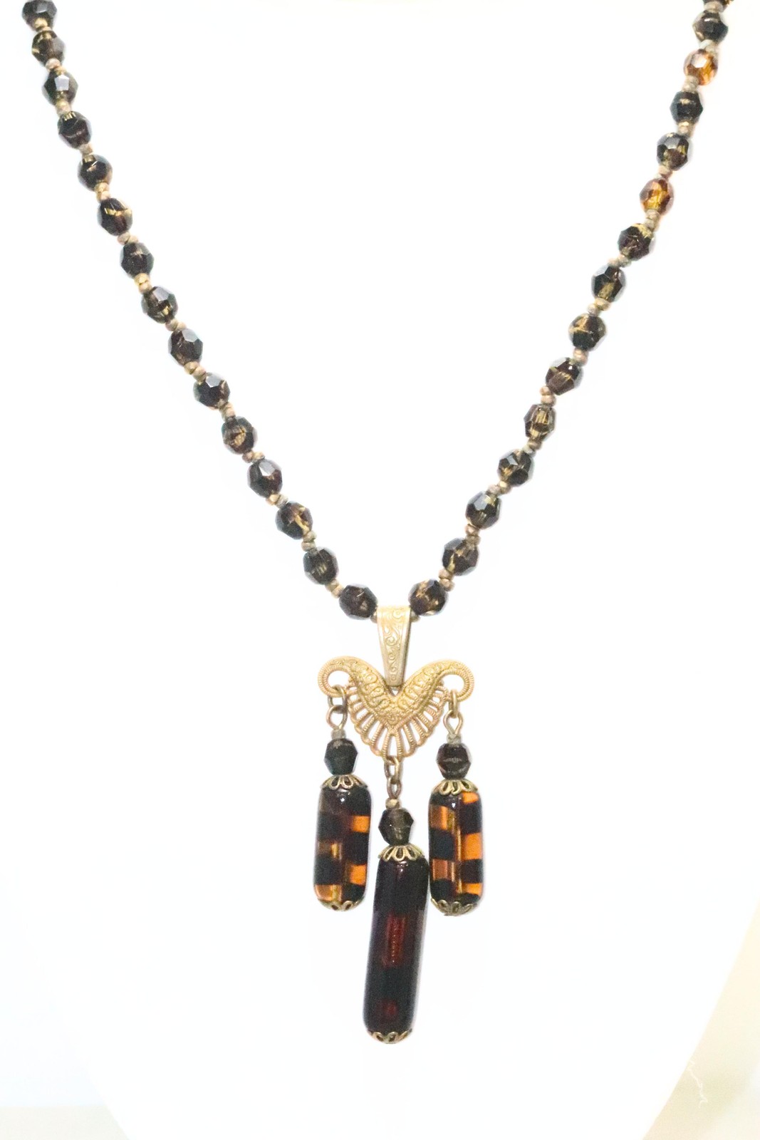 Vintage Miriam Haskell Costume Faux Tiger Beaded Pendant Necklace
