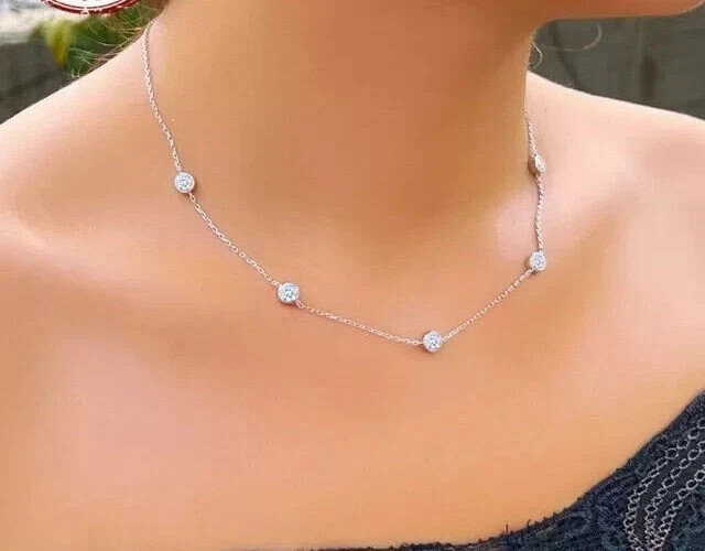 14k Gold Round Cut Natural Diamond By The Yard Bezel Station Necklace 18″