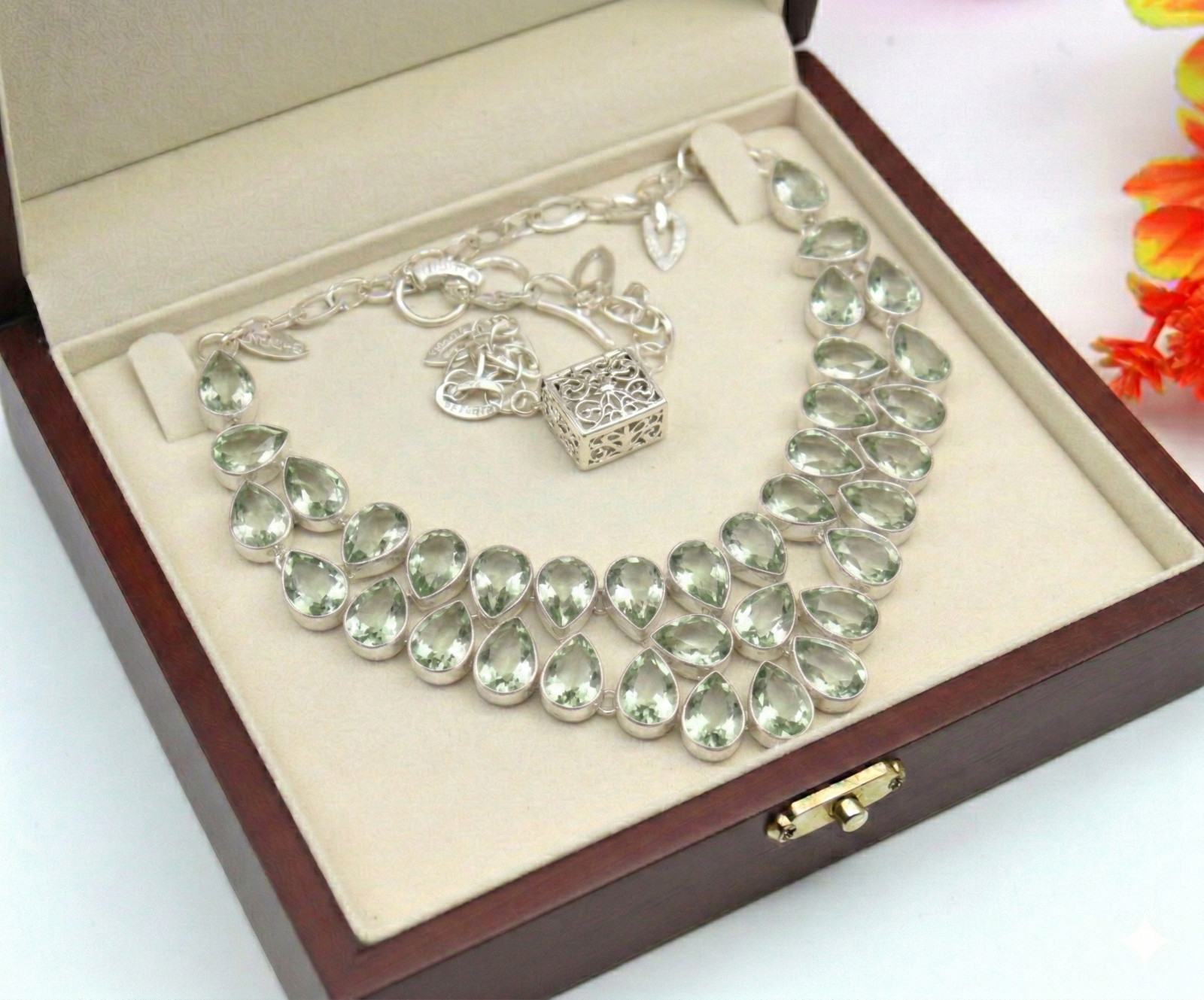 Green Amethyst Gemstone Handmade 925 Sterling Silver Jewelry Necklace ADJ 18″