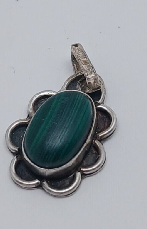 Unmarked Sterling silver Malachite pendant small 1 inch Possible Native American