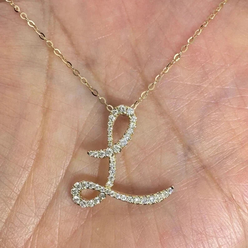 1.50Ct Round Real Moissanite initial Letter “L” Pendant 14K Yellow Gold Plated