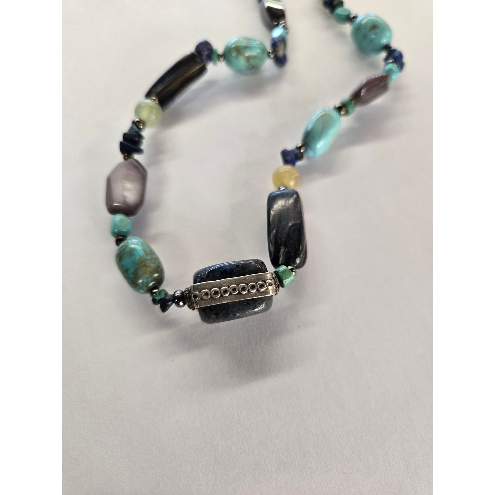 Coyote Bird Sterling Silver Multi Gemstone Beaded Necklace Artisan Boho 17.5″