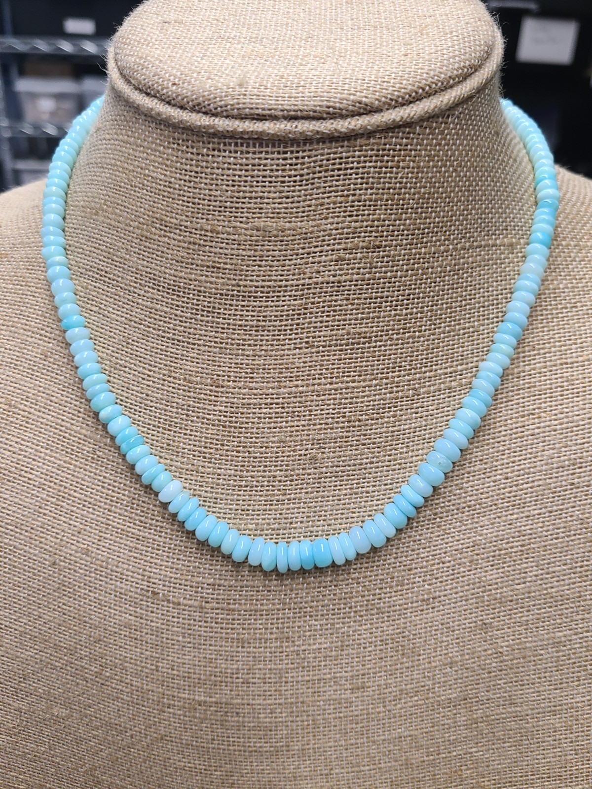 Blue Peruvian Opal Sterling Silver Bead Strand Necklace 18″