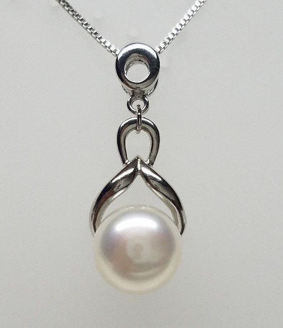 10mm White Freshwater Cultured Pearl Necklace Pendant 925 Sterling Silver