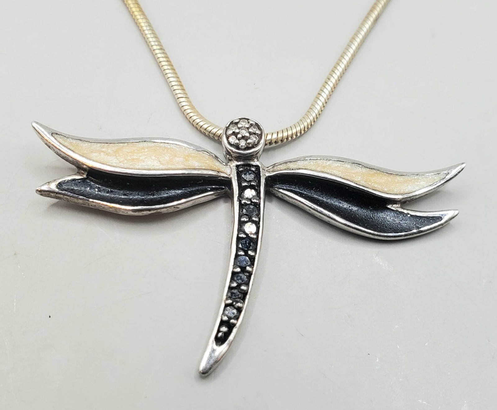 JWBR 925 STERLING BLACK &WHITE DIAMOND TESTED DRAGONFLY PENDANT & STERLING CHAIN