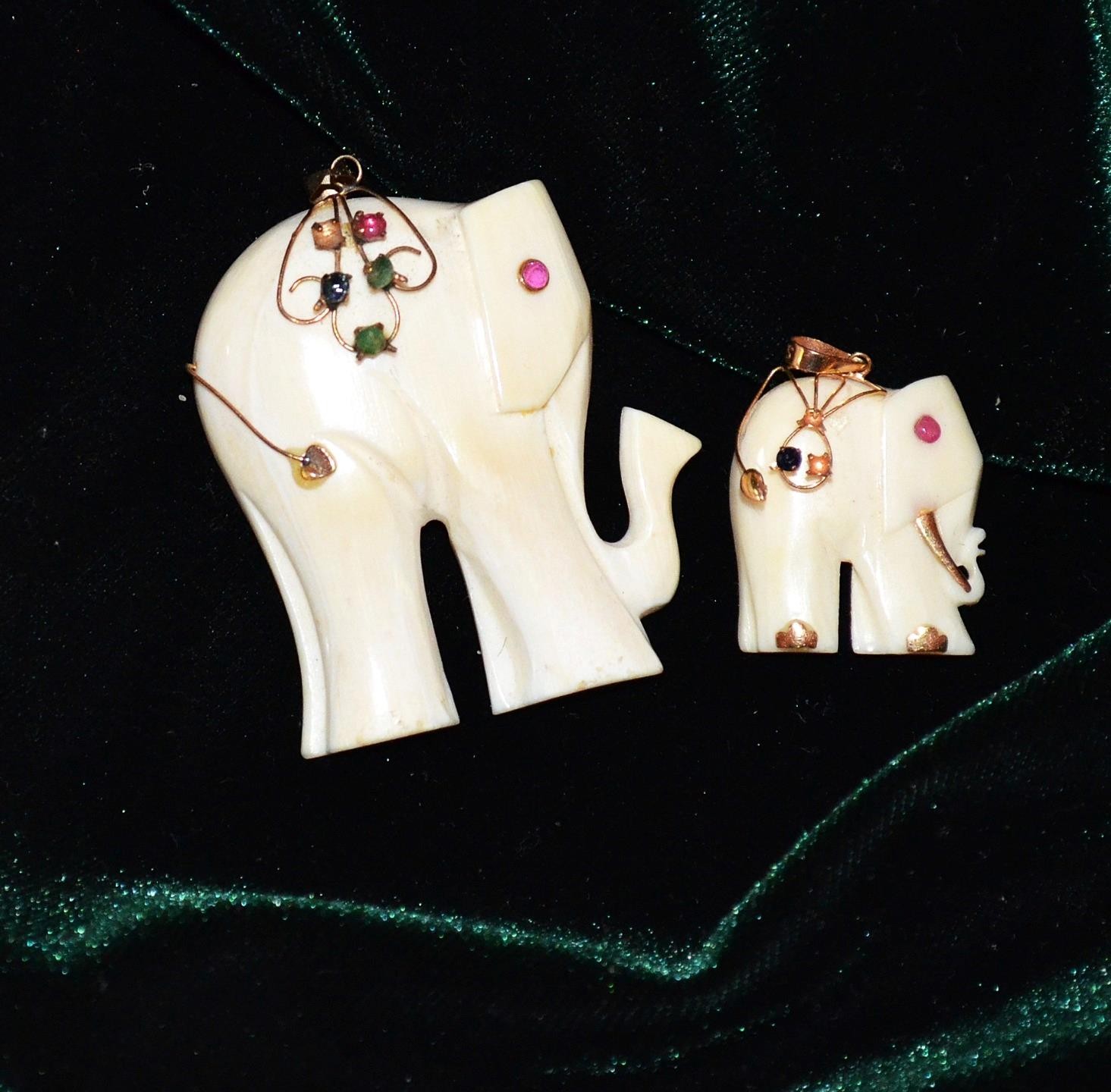 14k Yellow Gold Emerald Ruby Sapphire Bovine bone Elephant Pendant mother & baby