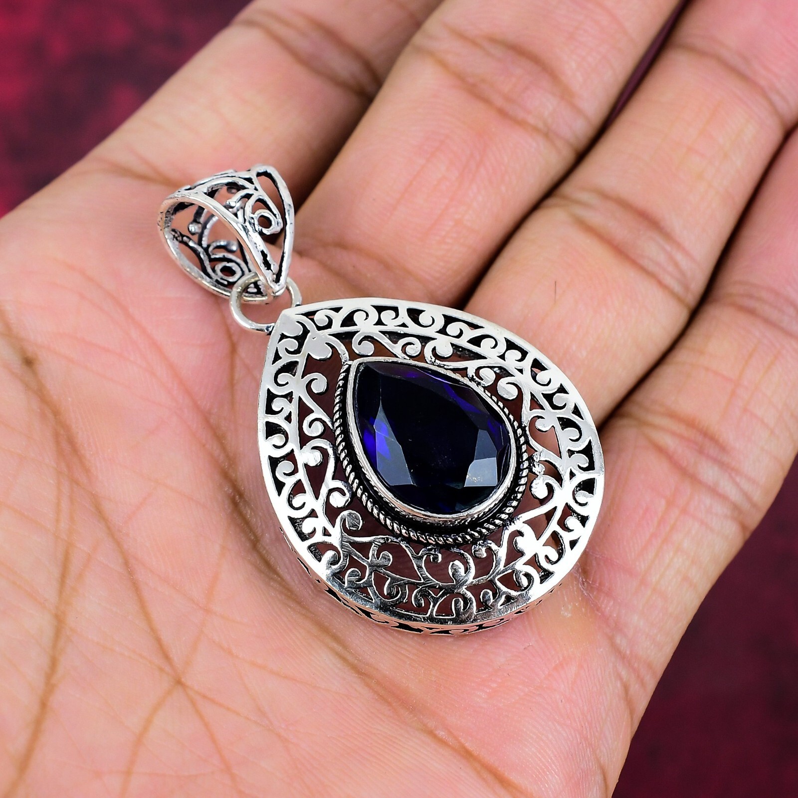 Lab-Created Blue Sapphire Gemstone Handmade 925 Sterling Silver Pendant Jewelry