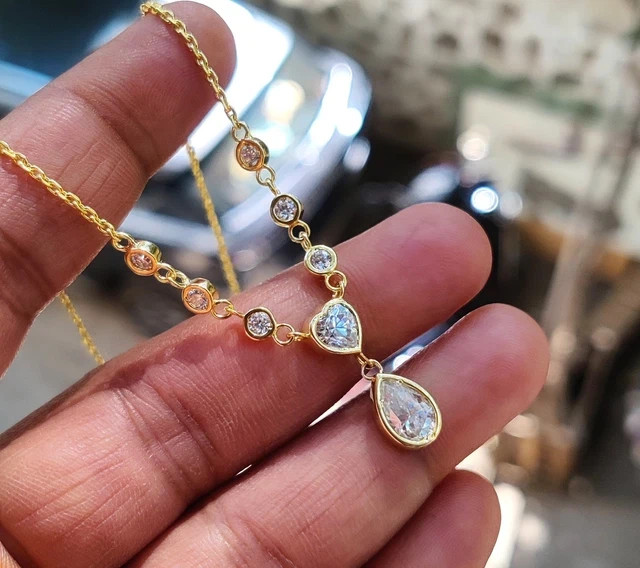2.90Ct Pear Cut Lab-Created Diamond Necklace 14K Yellow Gold Plated Silver 18″