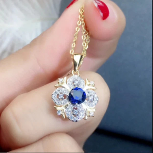 1Ct Round Cut Blue Sapphire Flower Pendant 14K Yellow Gold Finish 18″ Free Chain