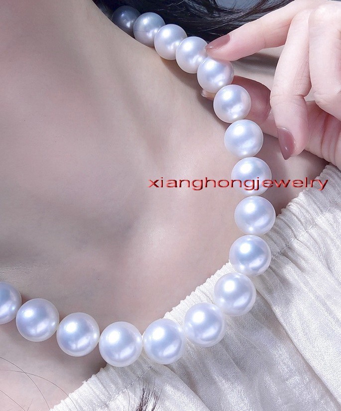 Australia TOP 18”13-15mm round natural REAL south sea white pearl necklace 14k