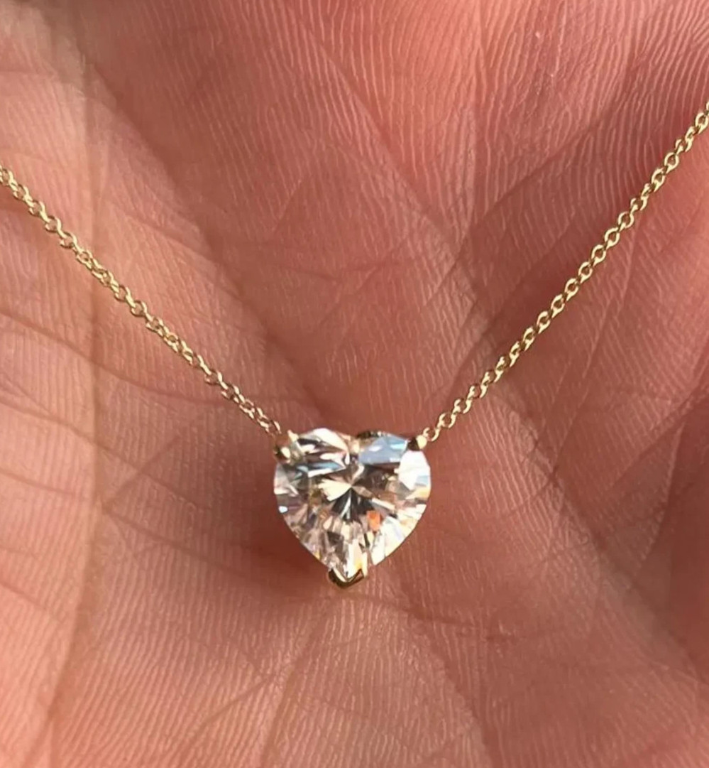 3Ct Heart-Cut EF/VS1 Lab Grown Diamond Prong Necklace& Pendant 14k Yellow Gold