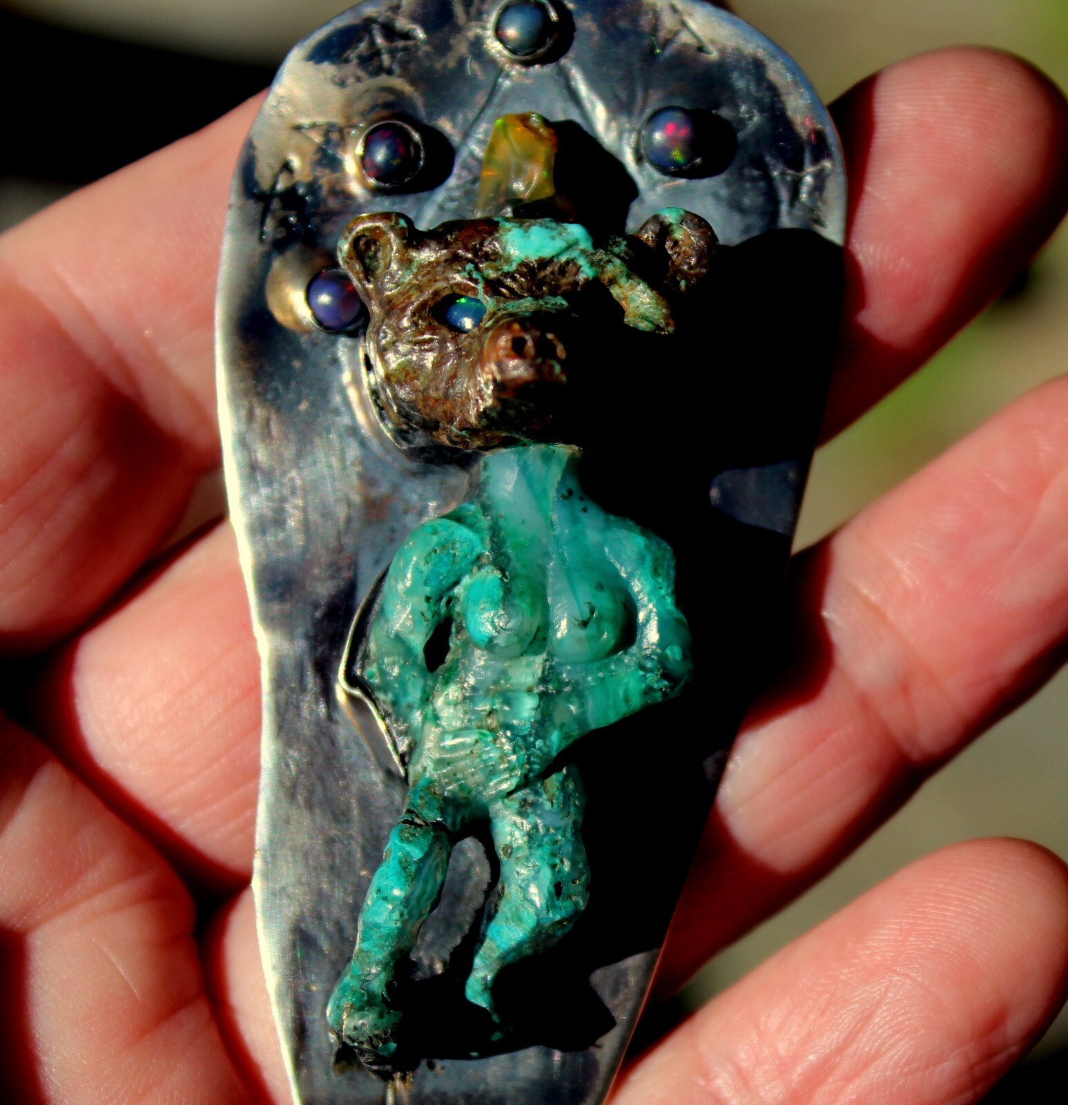 Magnificent LARGE Old Sterling Silver & Carved Jade & Opals FEMALE BEAR Pendant