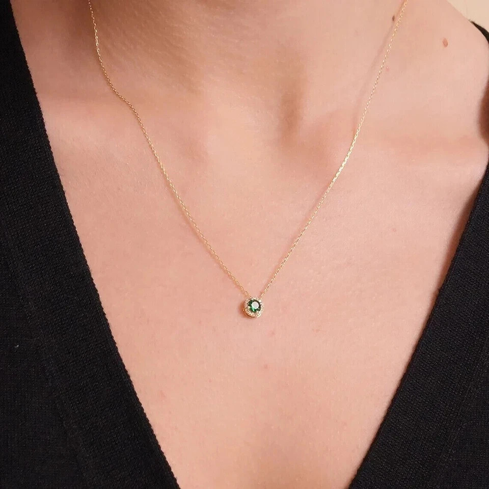 14K Yellow Gold Plated 1Ct Round Cut Lab Created Emerald Women Pendant Necklace