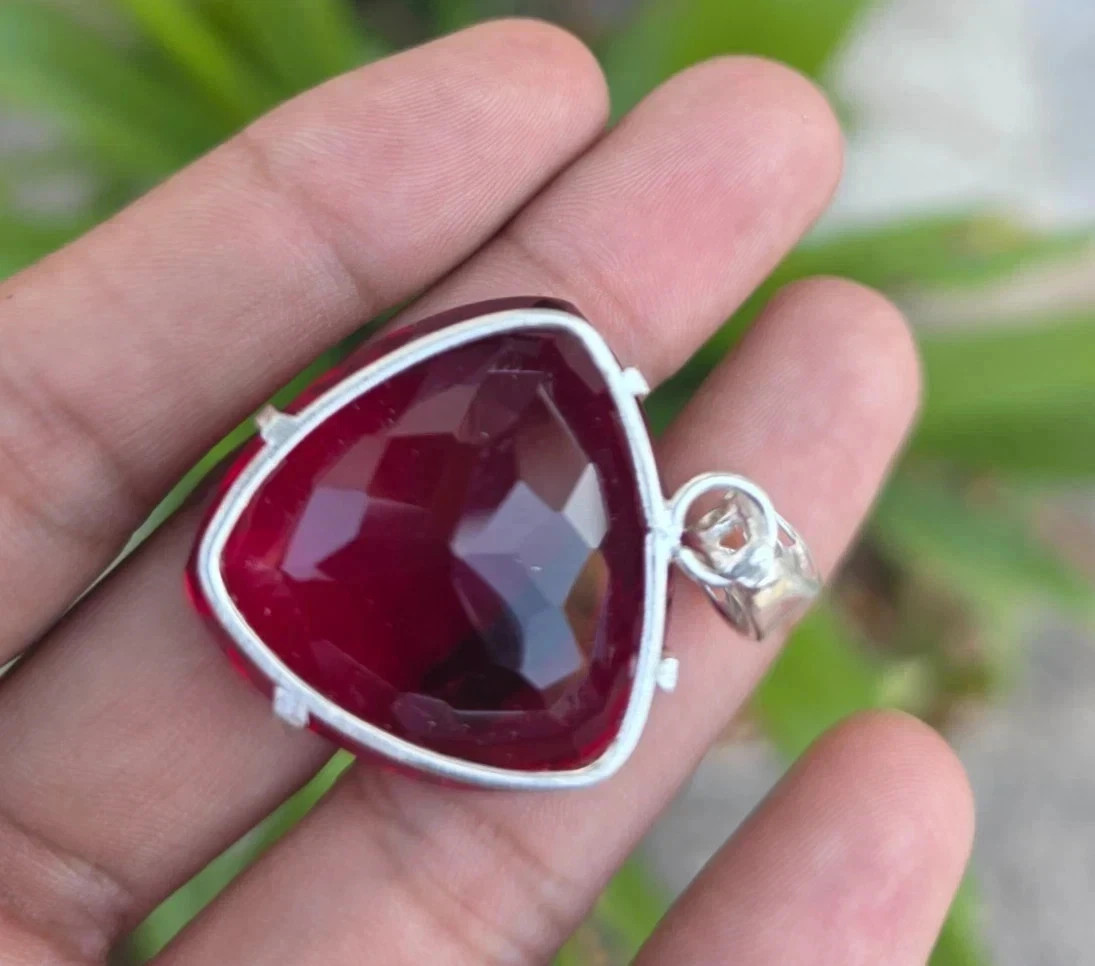 Natural 22 Ct Red Ruby Trillion Certified Loose Gemstone 925Solid Silver Pendant
