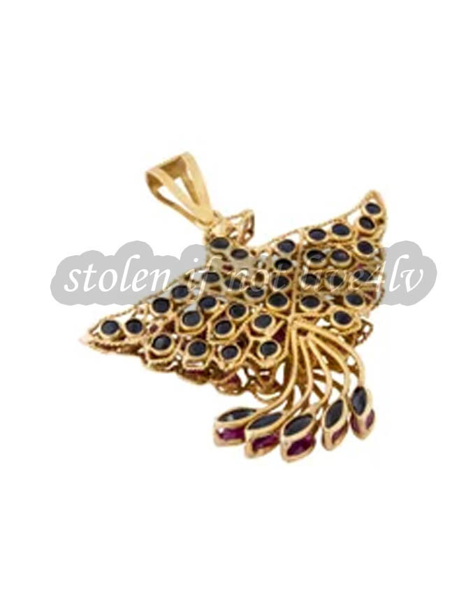 Estate Sapphire and Ruby Reversible Bird Pendant 18KT Yellow Gold