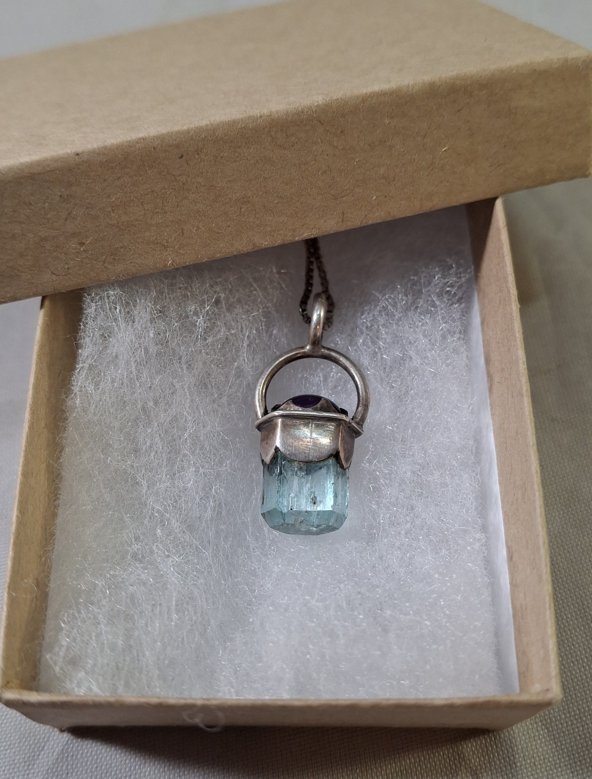 Vintage Sterling Silver Raw Aquamarine Point Amethyst Pendant Necklace 19 inch