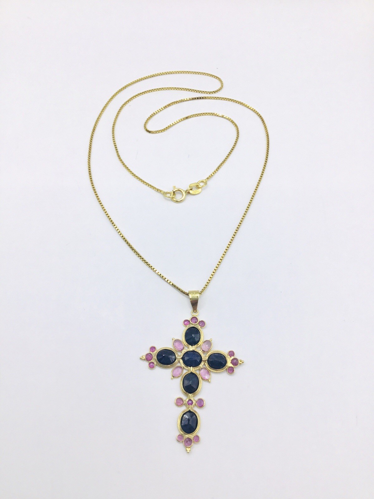 18k Yellow Gold Sapphire & Ruby Cross Pendant Necklace, Box Chain 18in + 1.75in