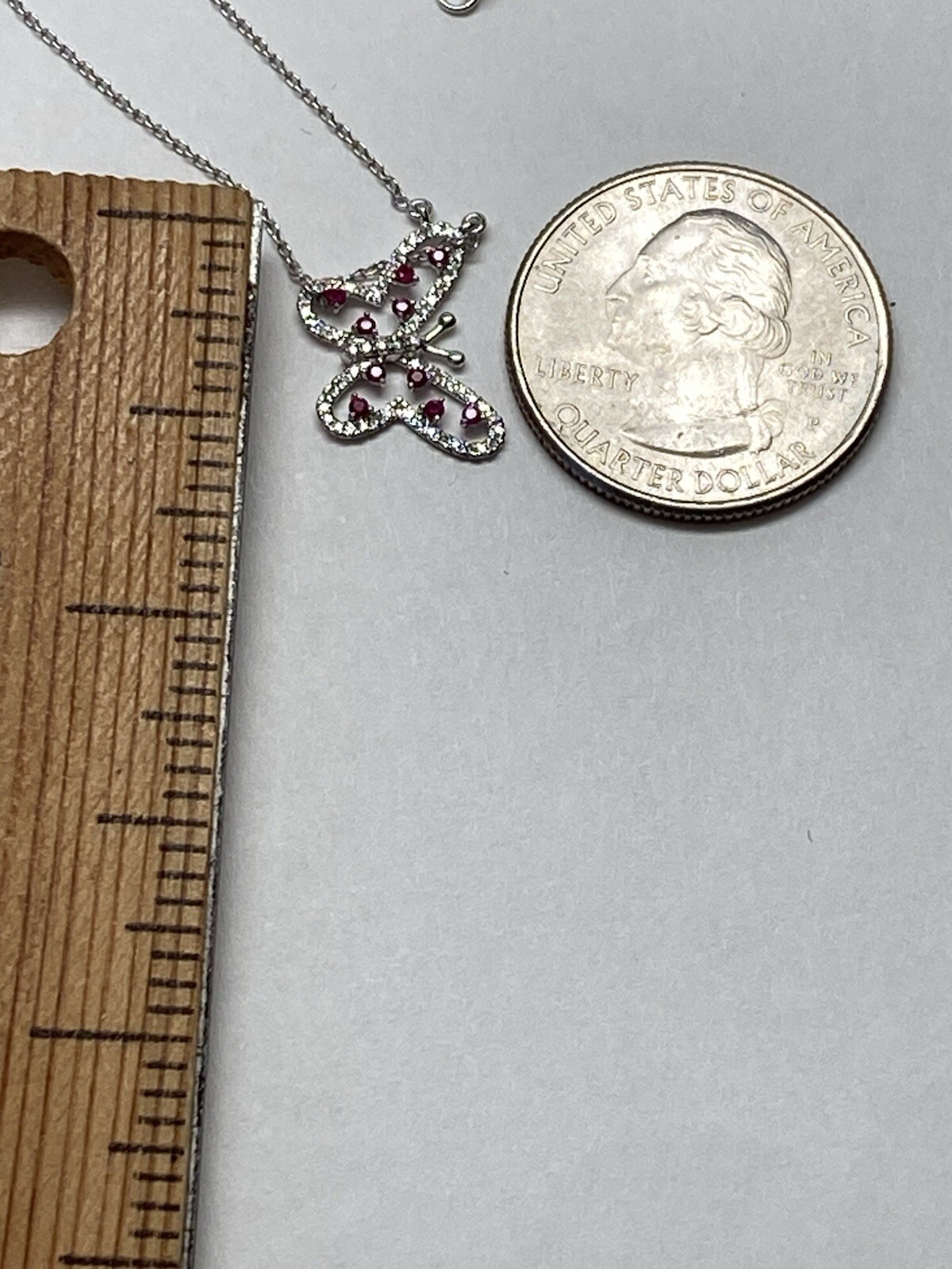 10K White Gold Natural Ruby and 0.20ct Diamond Butterfly Pendant and Chain NEW