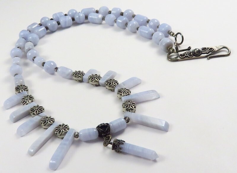 22” 925 Sterling Silver Blue Lace Agate Fan Necklace Beaded Floral S-hook