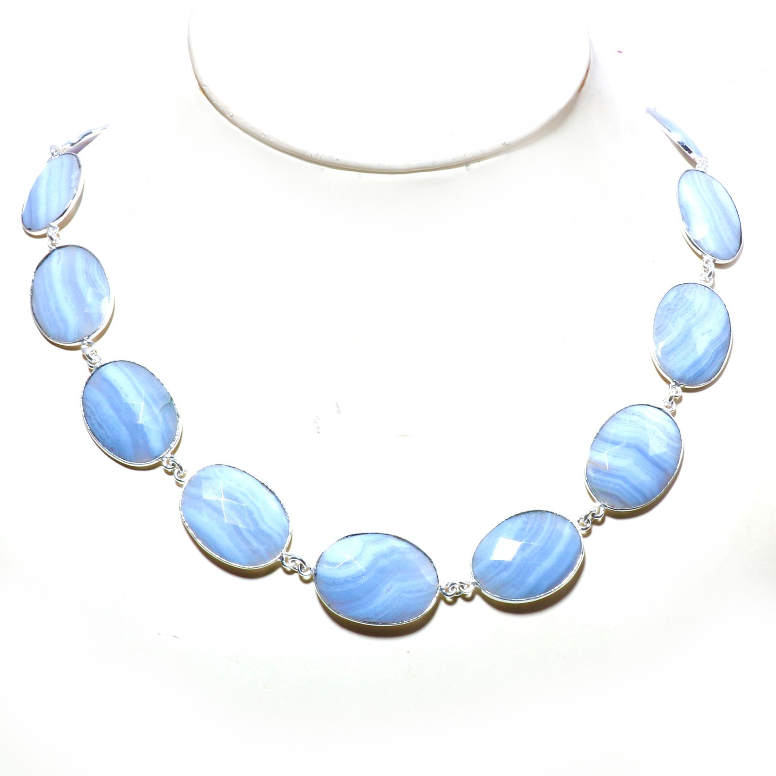 Natural Blue Lace Agate Necklace 925 Sterling Silver Oval Beads Adjustable Chain