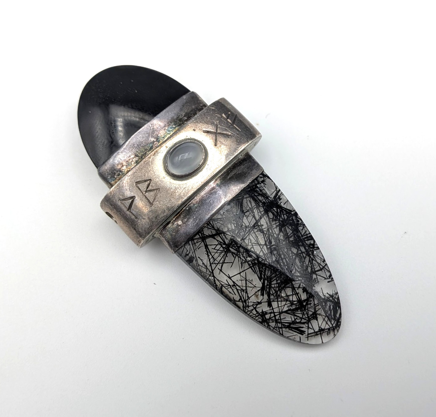 Silver Viking Rune Pendant With Black Onyx & Black Tourmalinated Quartz