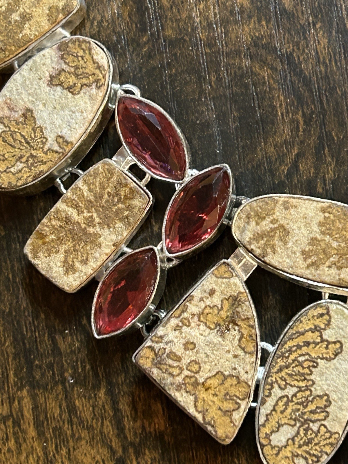 Rough German Dendritic Opal, Garnet Handmade 925 Silver Ethnic Big Necklace