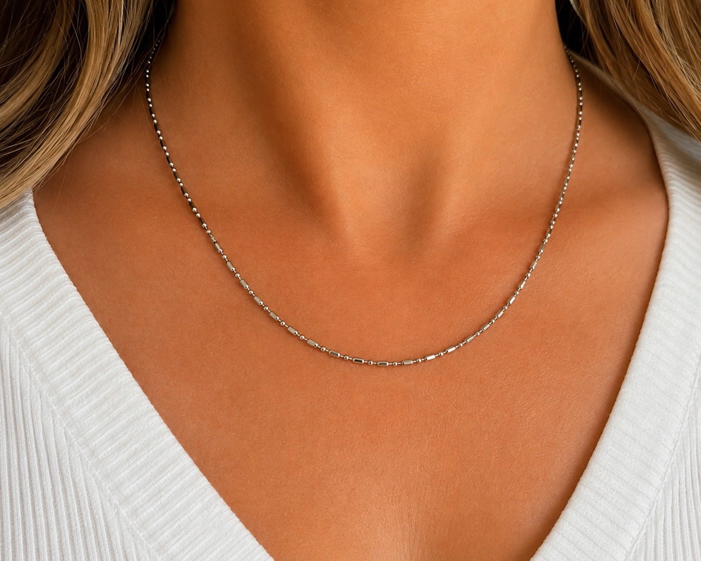 18K White Gold Platinum 750 Plated Silver Bead Bar Chain Necklace 1mm 18” Unisex