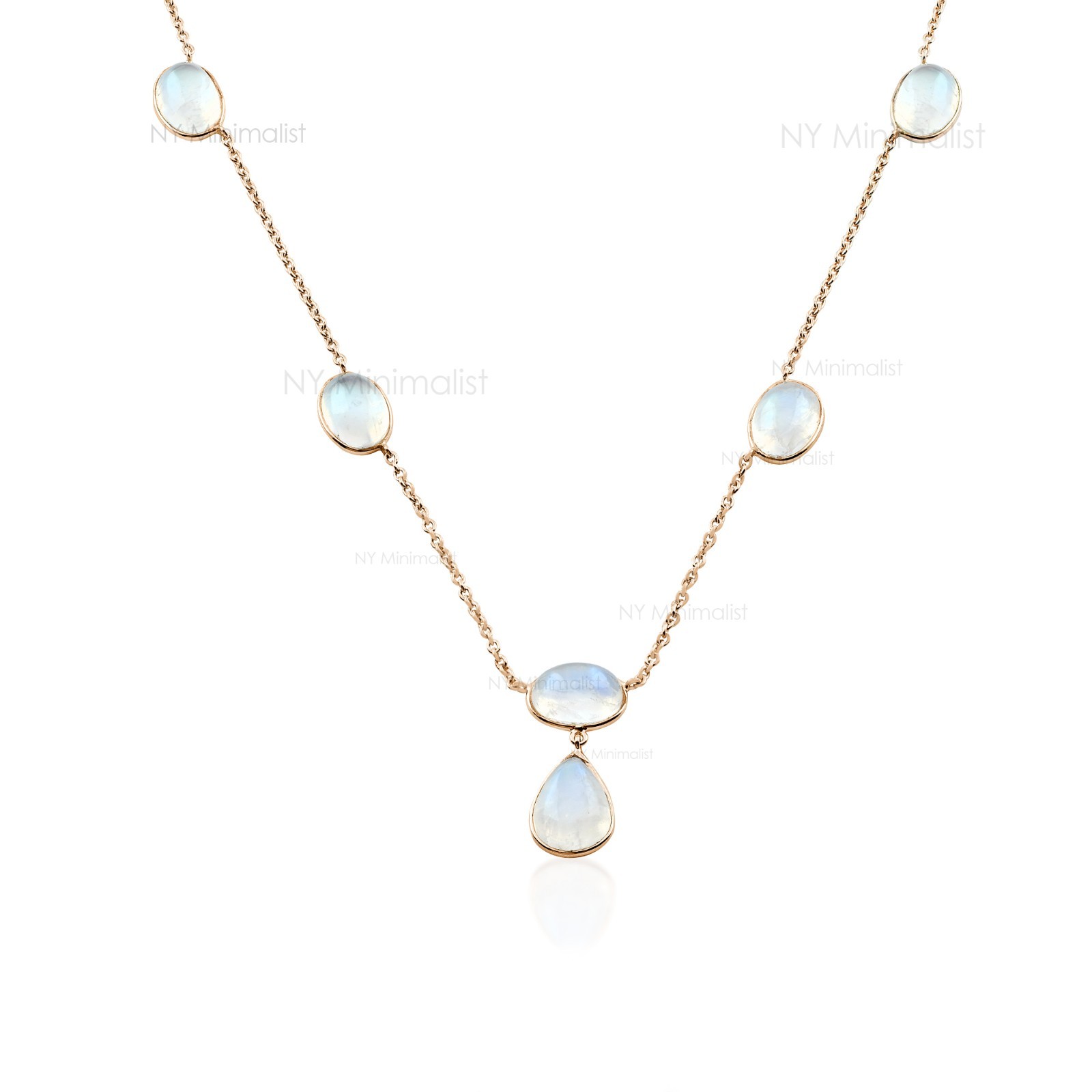 Solid 14K Yellow Gold Genuine Rainbow Moonstone Charm Necklace June Birthstone