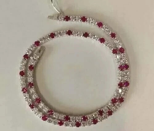 3MM Round Lab Created Ruby And Diamond Tennis Necklace 14K White Gold Plated 18″