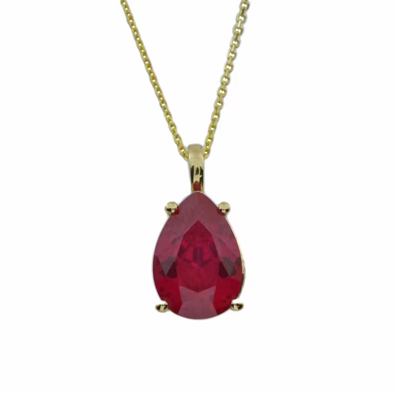 3Ct Created Red Ruby Pear Shape Pendant 14K Yellow Gold Plated W/F Chain 18”