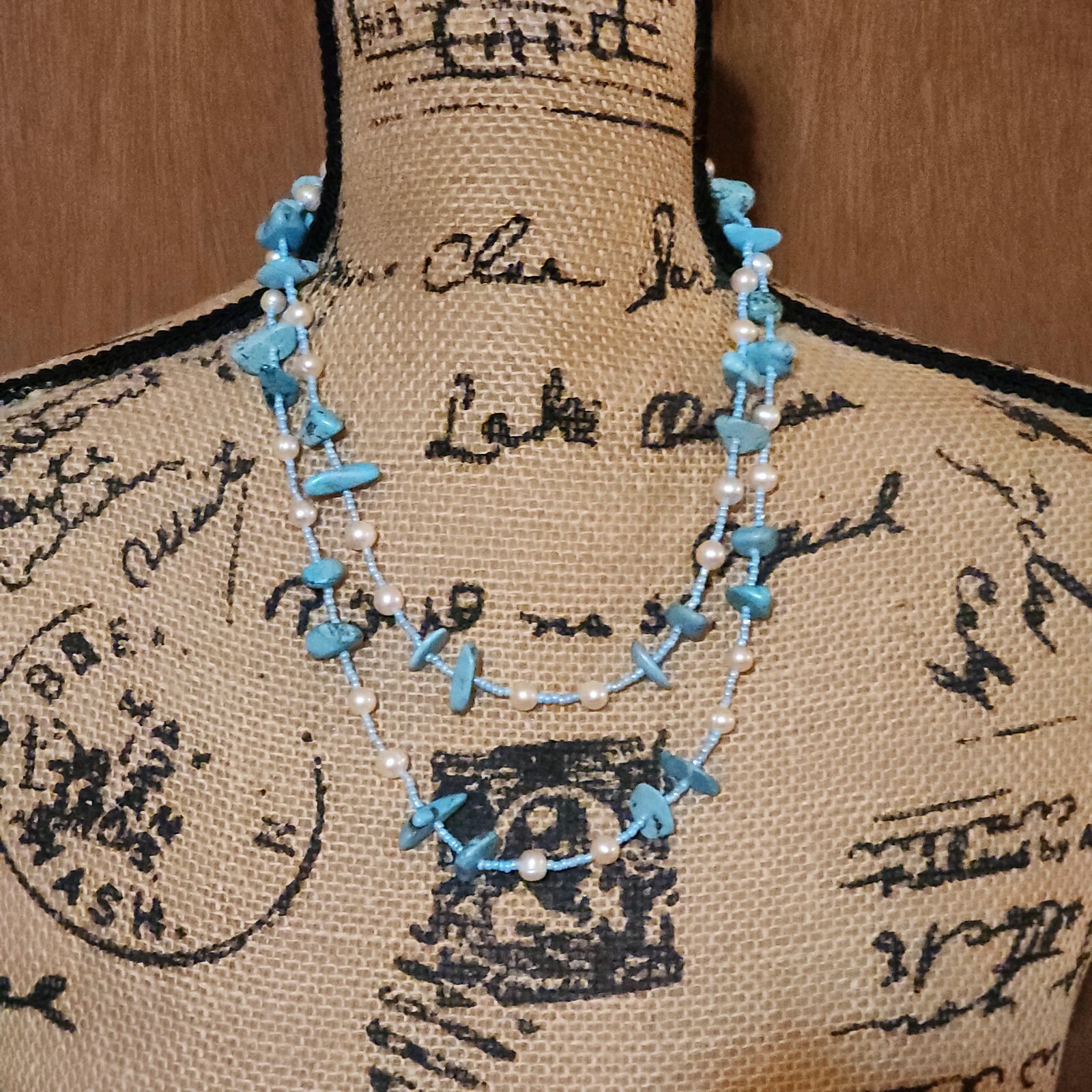 Fashion Jewelry Faux Turquoise Color Pearl & Bead Necklace NOS