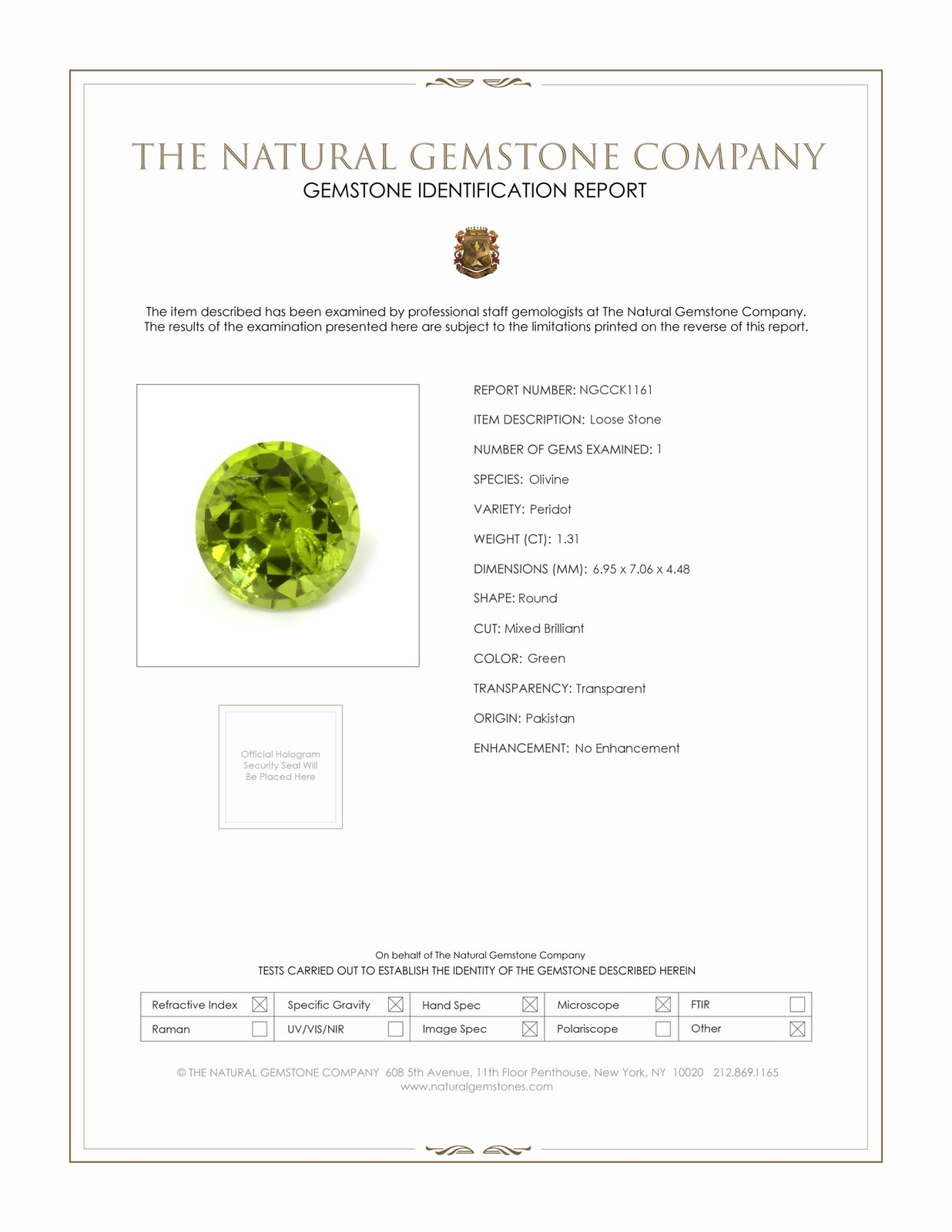 Pakistan Round Green Peridot Platinum 950 Necklace 1.31CT