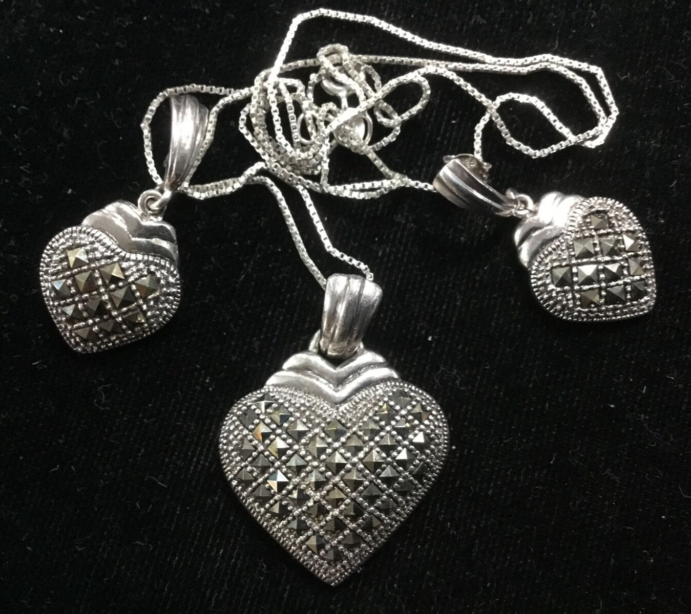 Vintage Marked 925 Silver and Marcasite Pendant and Earrings Set Stamped TH SU