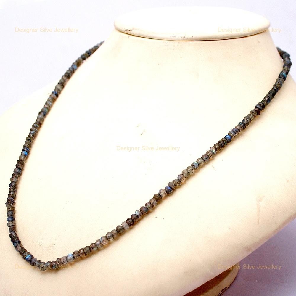 New Blue Flashy Sterling Silver Labradorite Gemstone Boho Beaded Necklace Chain