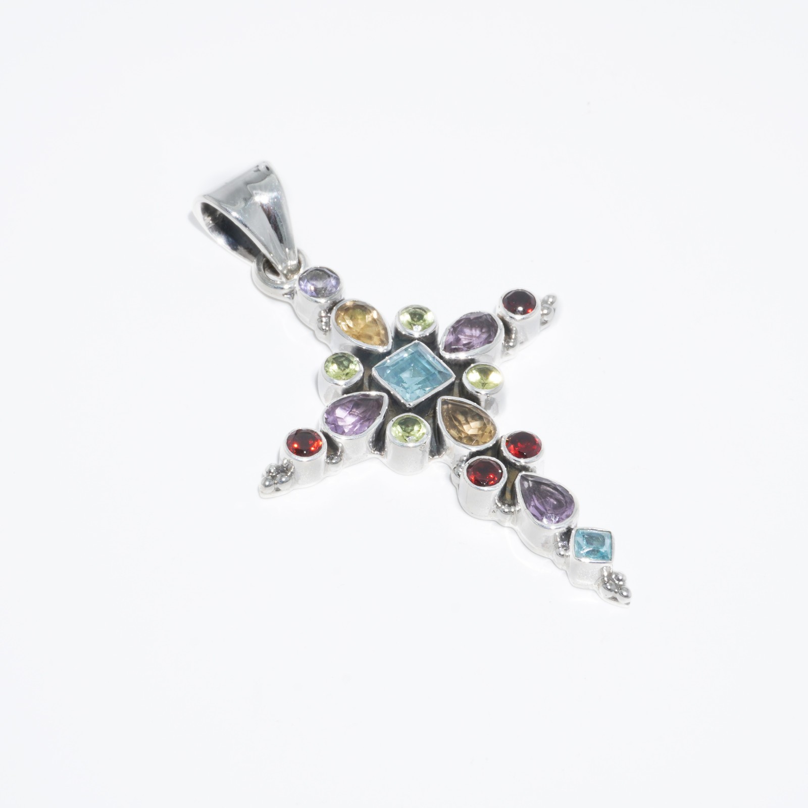 Genuine Multi Gemstone Cross Pendant Sterling Silver 925 Christian Jewelry Gift