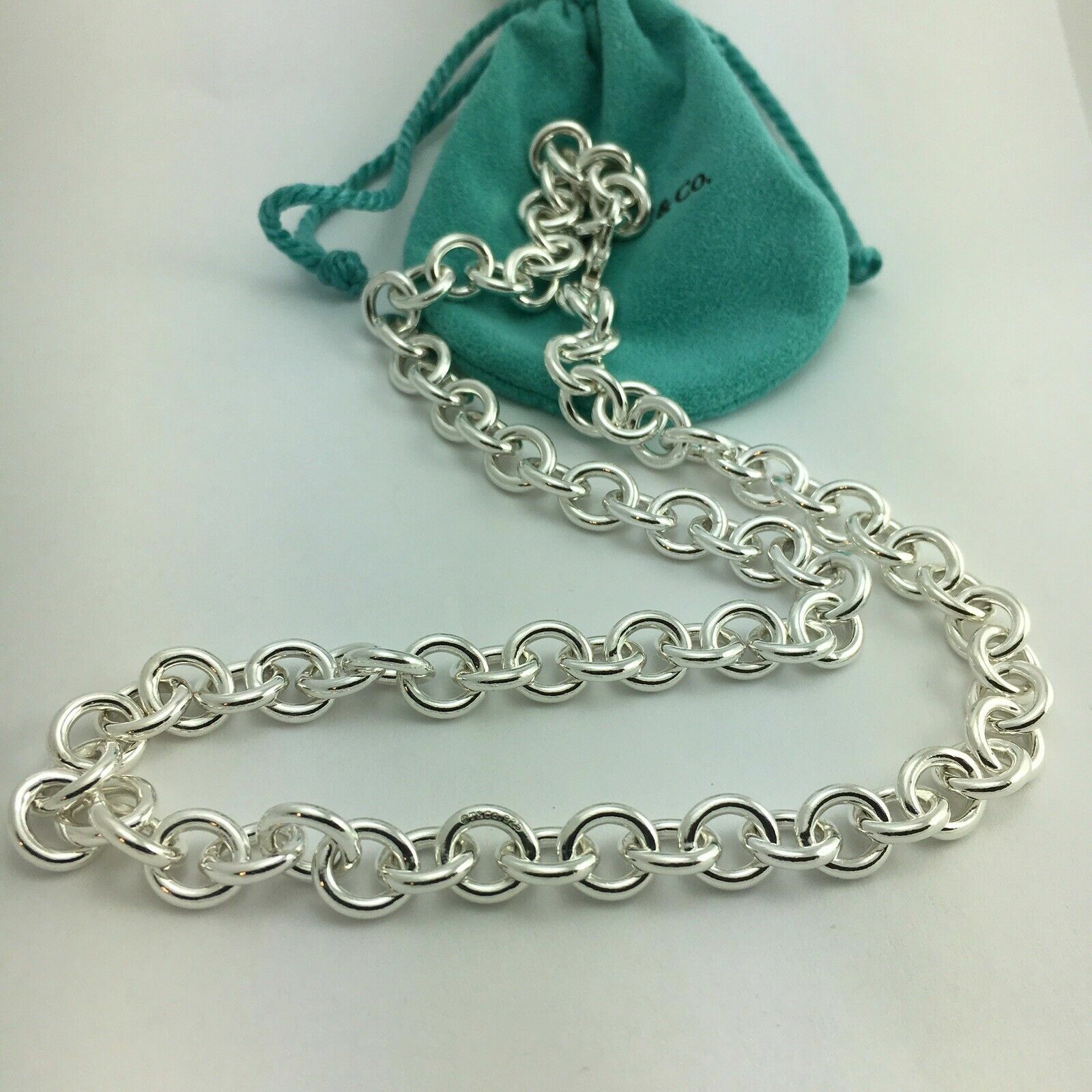 Tiffany & Co 24″ Mens Unisex Silver Large Round 11mm Link Rolo Chain Necklace