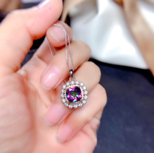 2.20Ct Cushion Cut Alexandrite Halo Pendant 18″Free Chain 14K White Gold Finish