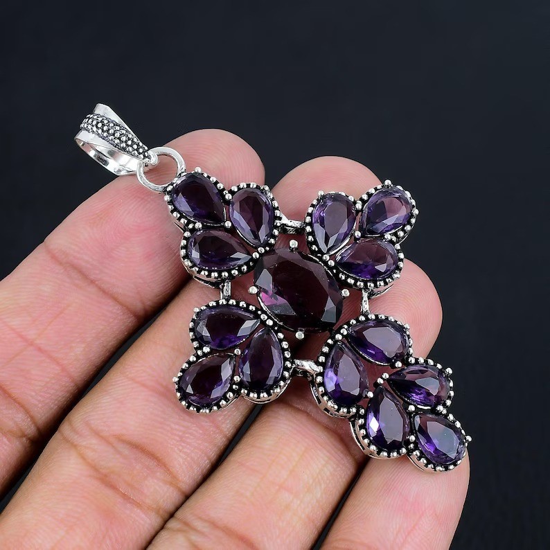 Amethyst Gemstone Cross Pendant 925 Sterling Silver Handmade Jewelry For Gift
